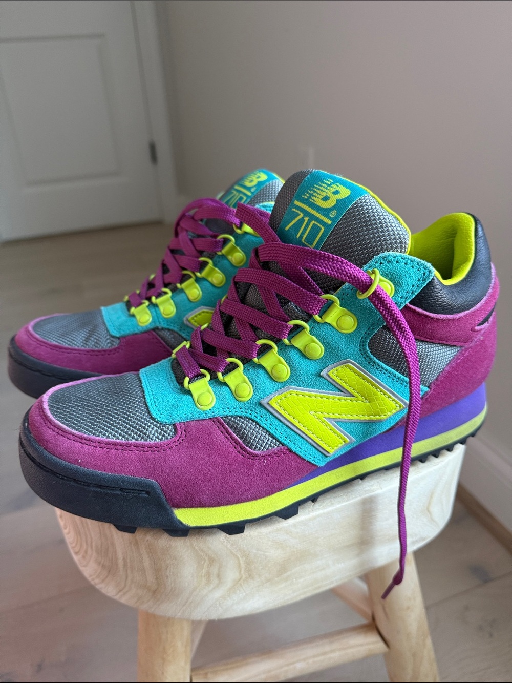 New Balance 710 Athletic Shoes in Teal, Purple, Gray with Neon Yellow Accents - Picture 3 of 4